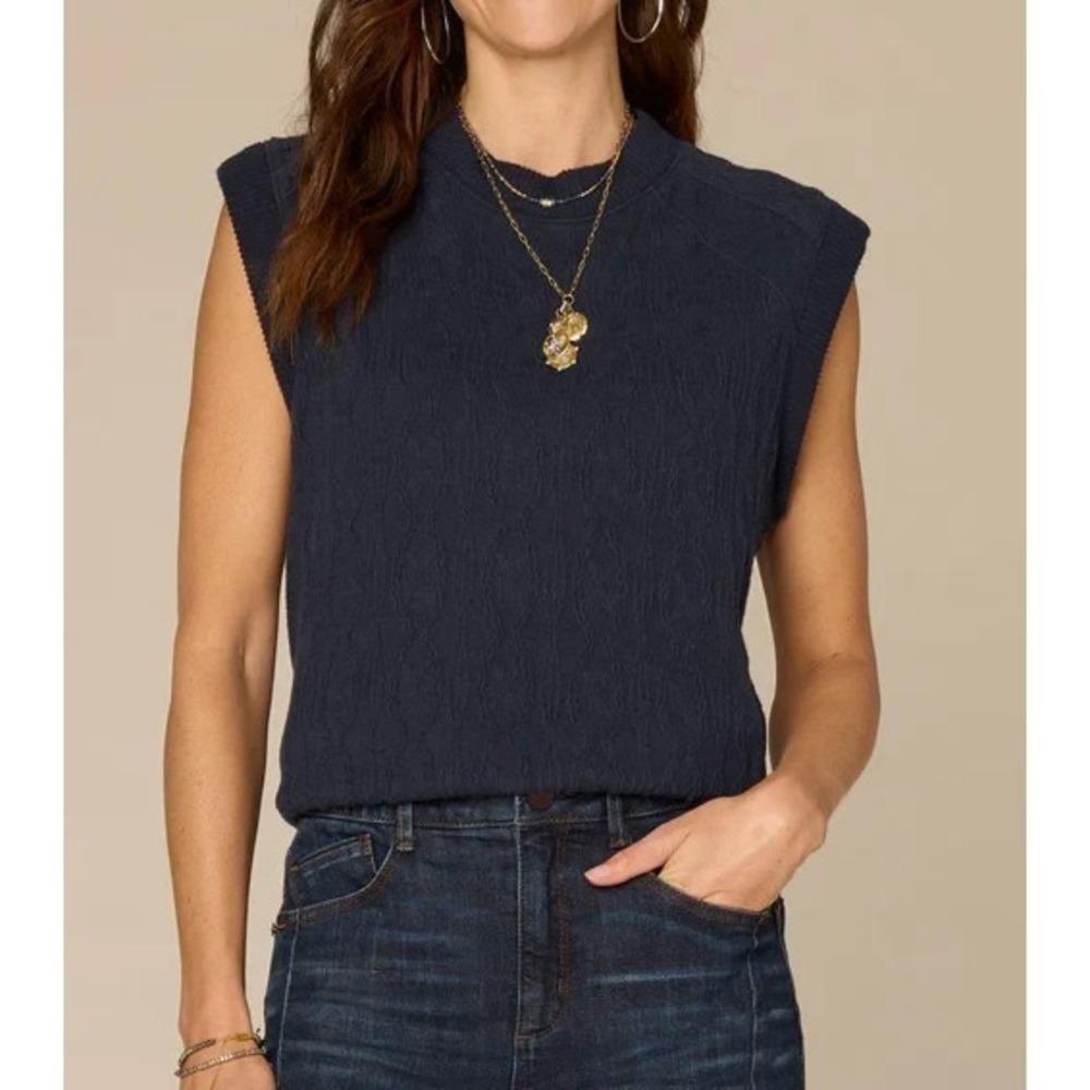 Democracy Extended Cap Sleeve Crew Neck Mixed Media Knit Top PS Navy Blue